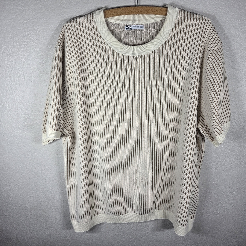 Zara Mens XL Short Sleeve Casual Shirt Textured HeavyWeight Cotton Cream Brown